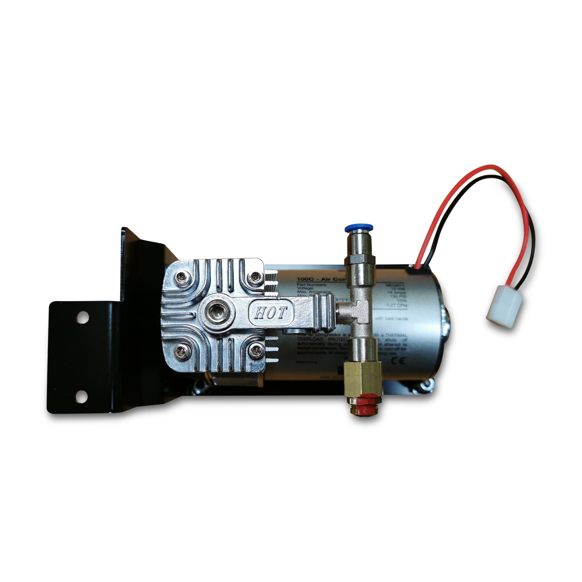 compressor, 12V, 100C, inclusief overdrukventiel, 6mm aansluiting